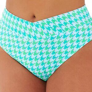 NWT Ninety-Nine Green Blue Pink Houndstooth hi leg hi waist  swim bottom